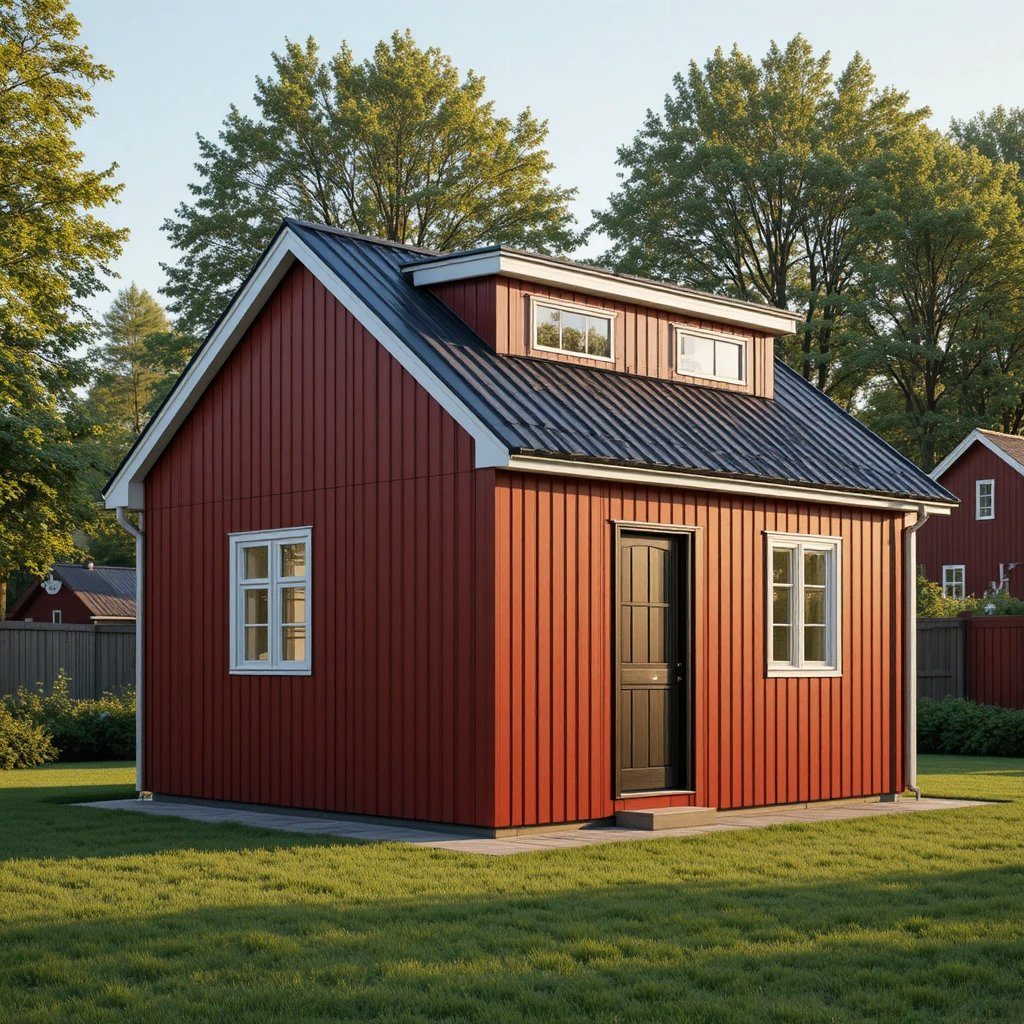 Fabriksbyggt 30 m² trädgårdshus med röd träfasad och svart plåttak.