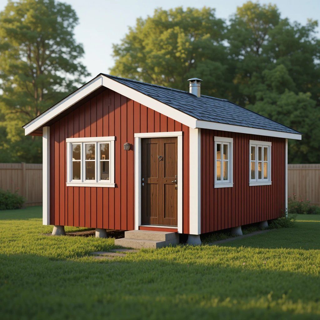 302 ersättningsenhet — fabriksbyggd kolonistuga med röd träfasad, vita fönsterfoder och svart plåttak.