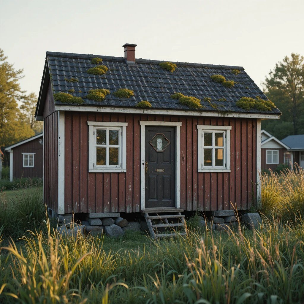 Befintlig kolonistuga från 60- och 70-talet — sliten röd träfasad, mossigt tegeltak, vilar på stenplintar.