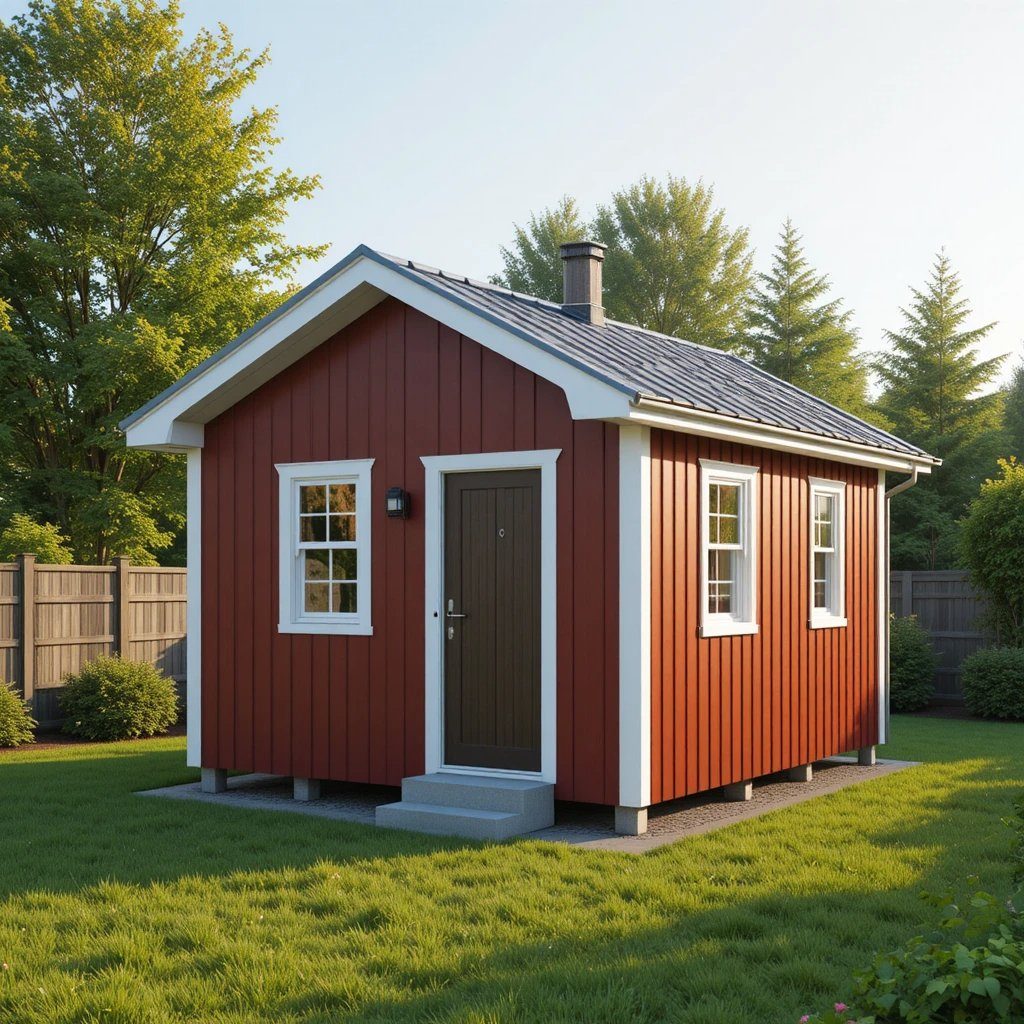 Trädgårdshus 15 m² — fabriksbyggt med röd träfasad och svart plåttak.