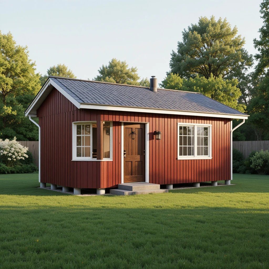 Trädgårdshus 22,5 m² — fabriksbyggt med röd träfasad och svart plåttak.