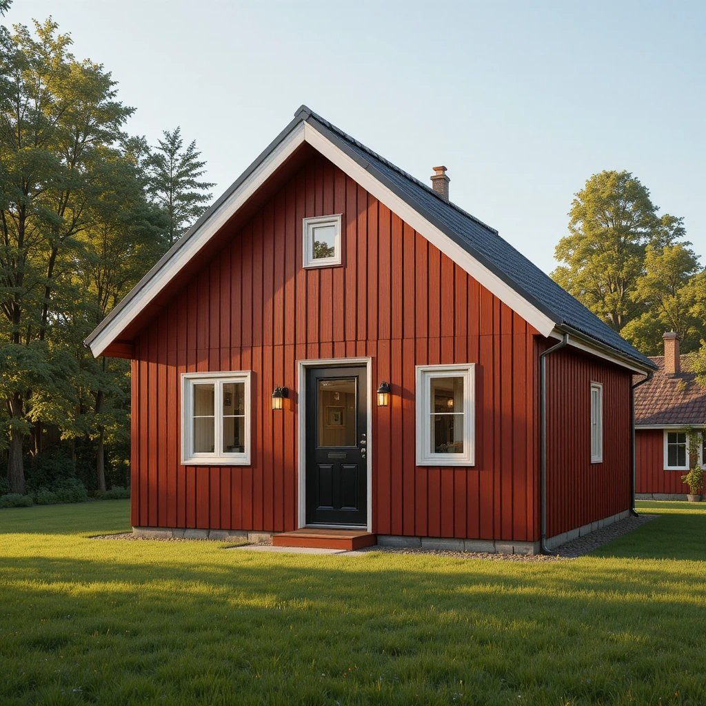 Trädgårdshus 30 m² — fabriksbyggt med röd träfasad och svart plåttak.